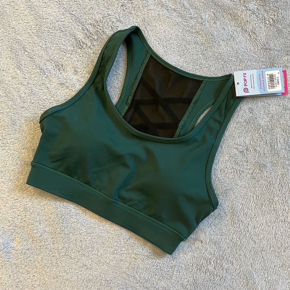 NWT POP Fit Rose Sports Bra Teal w/ Black Mesh S